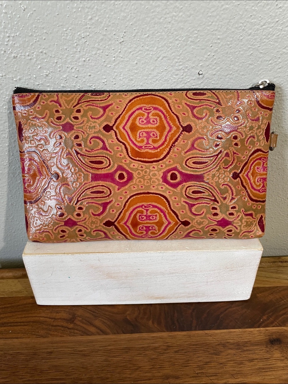 Hand Tooled Leather Clutch Paisley Floral Tooled Wallet Pouch Boho Western Gypsy